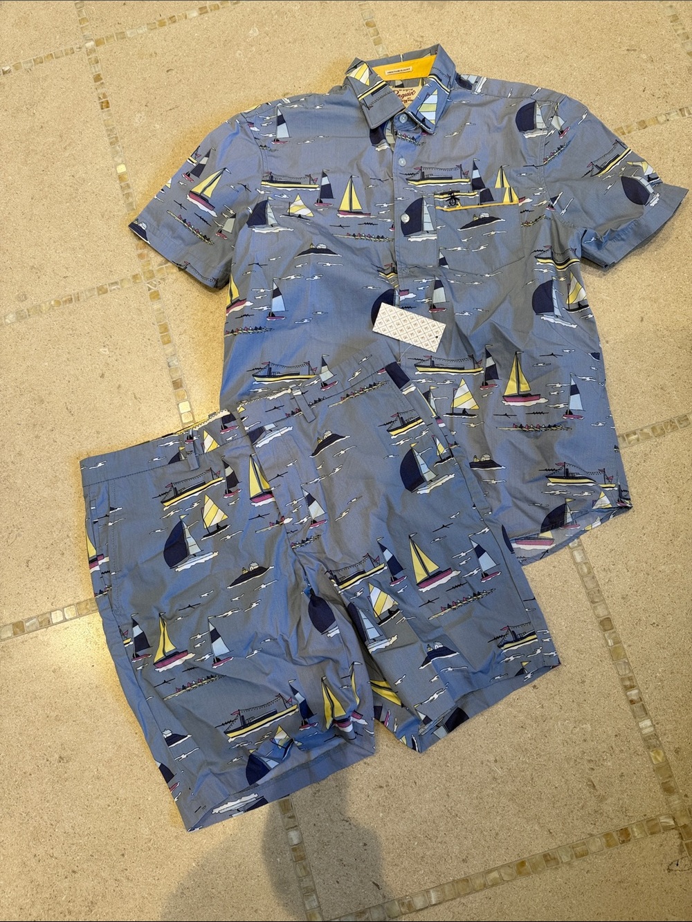 Penguin Nautical Sailboat Print Short Sleeve Button Shirt and matching short